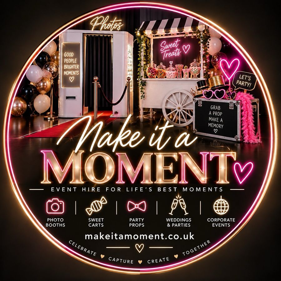 Make it a Moment photo booth, sweet cart and party props set up at an event